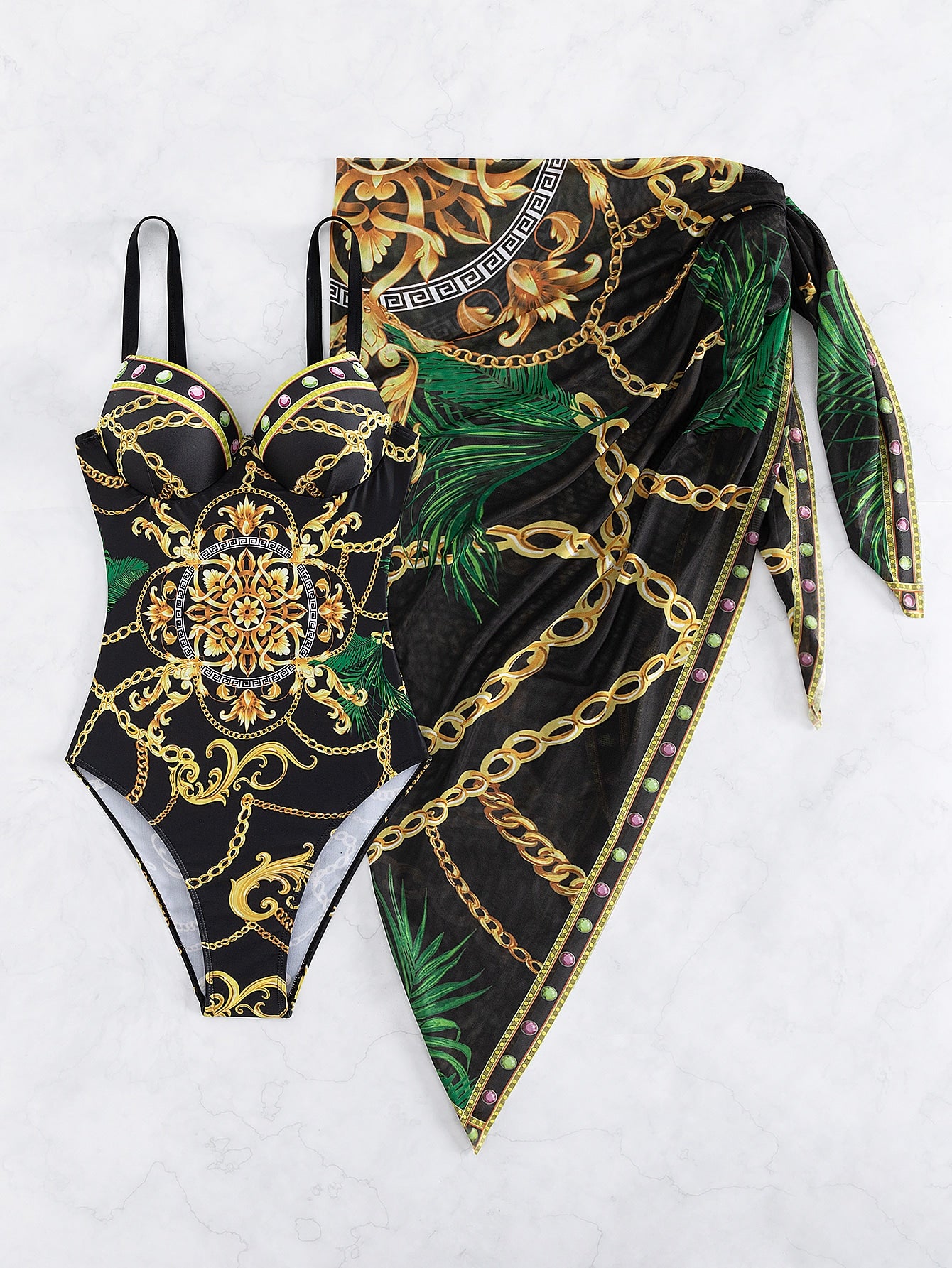 Conjunto Maiô Estruturado E Saída De Praia Estampada Luxo