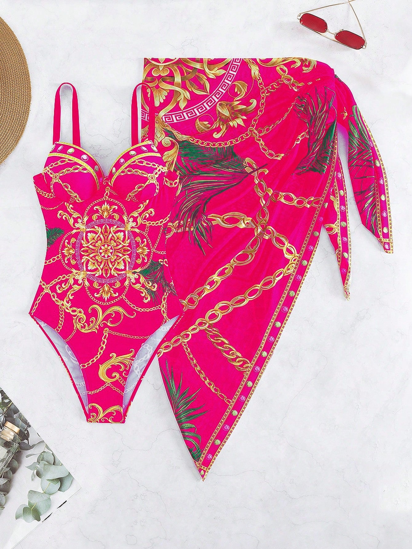 Conjunto Maiô Estruturado E Saída De Praia Estampada Luxo