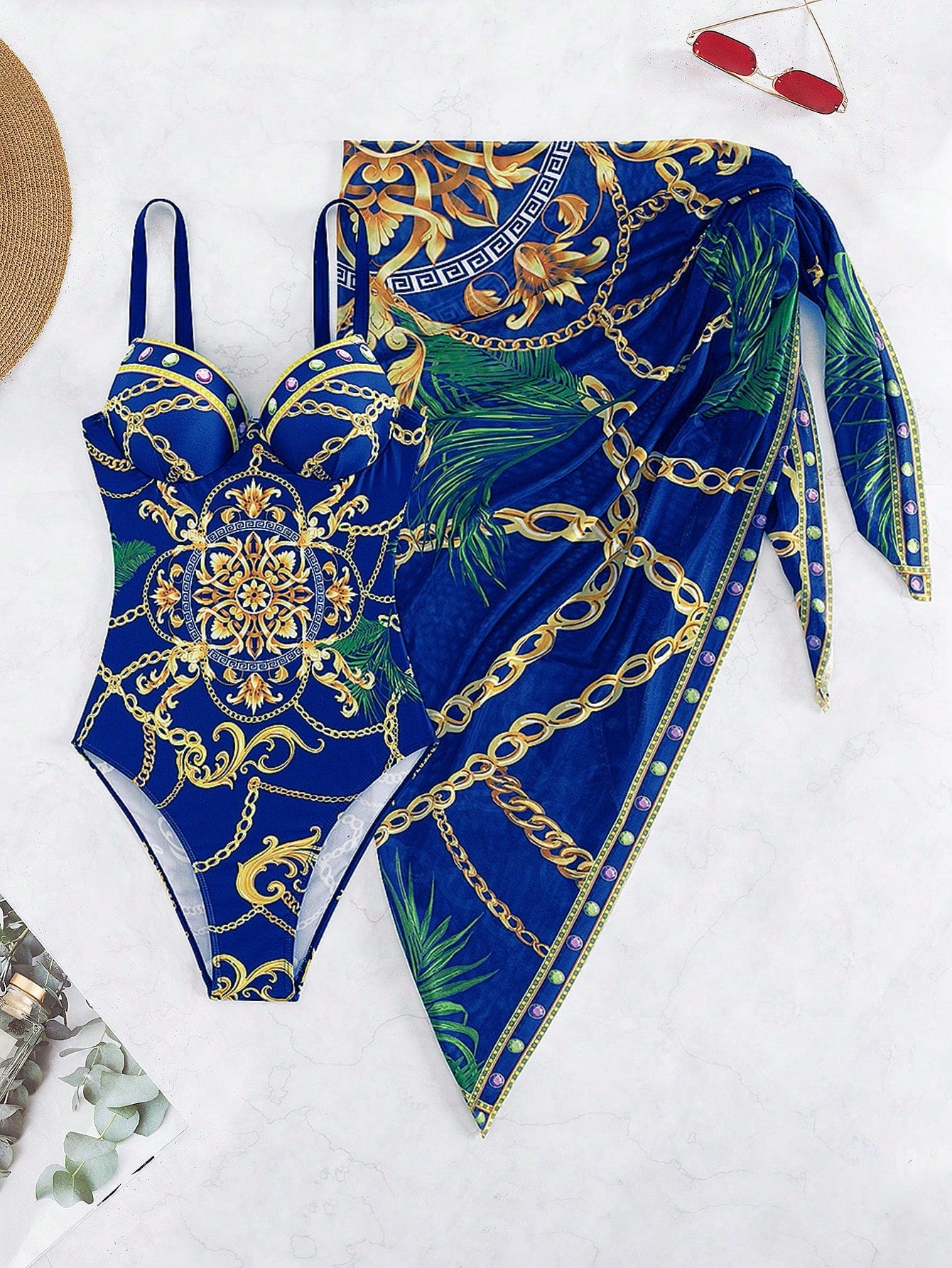 Conjunto Maiô Estruturado E Saída De Praia Estampada Luxo