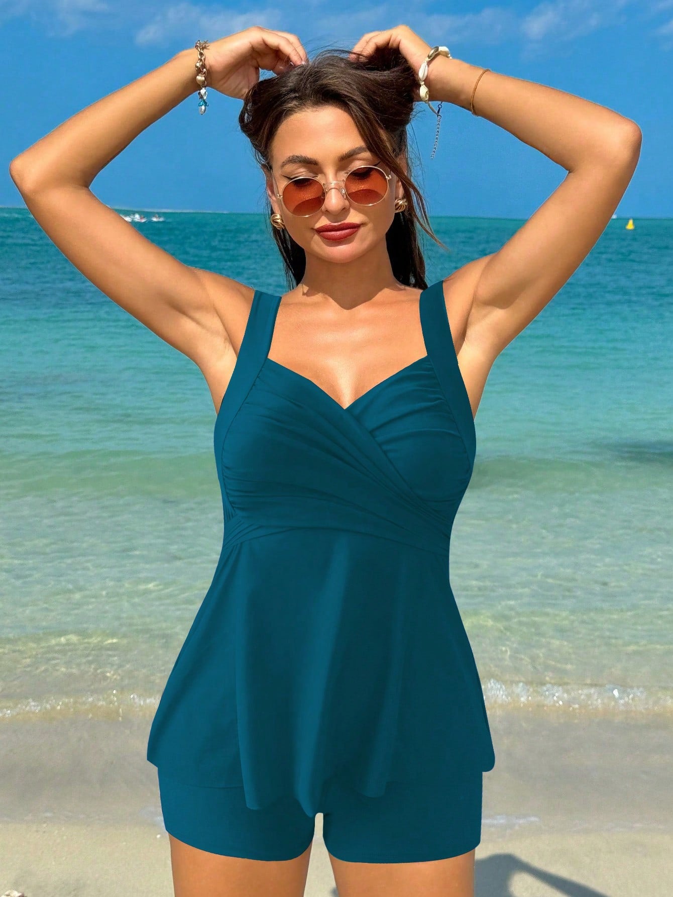 Tankini Com Top Drapeado E Shortinho De Elástico