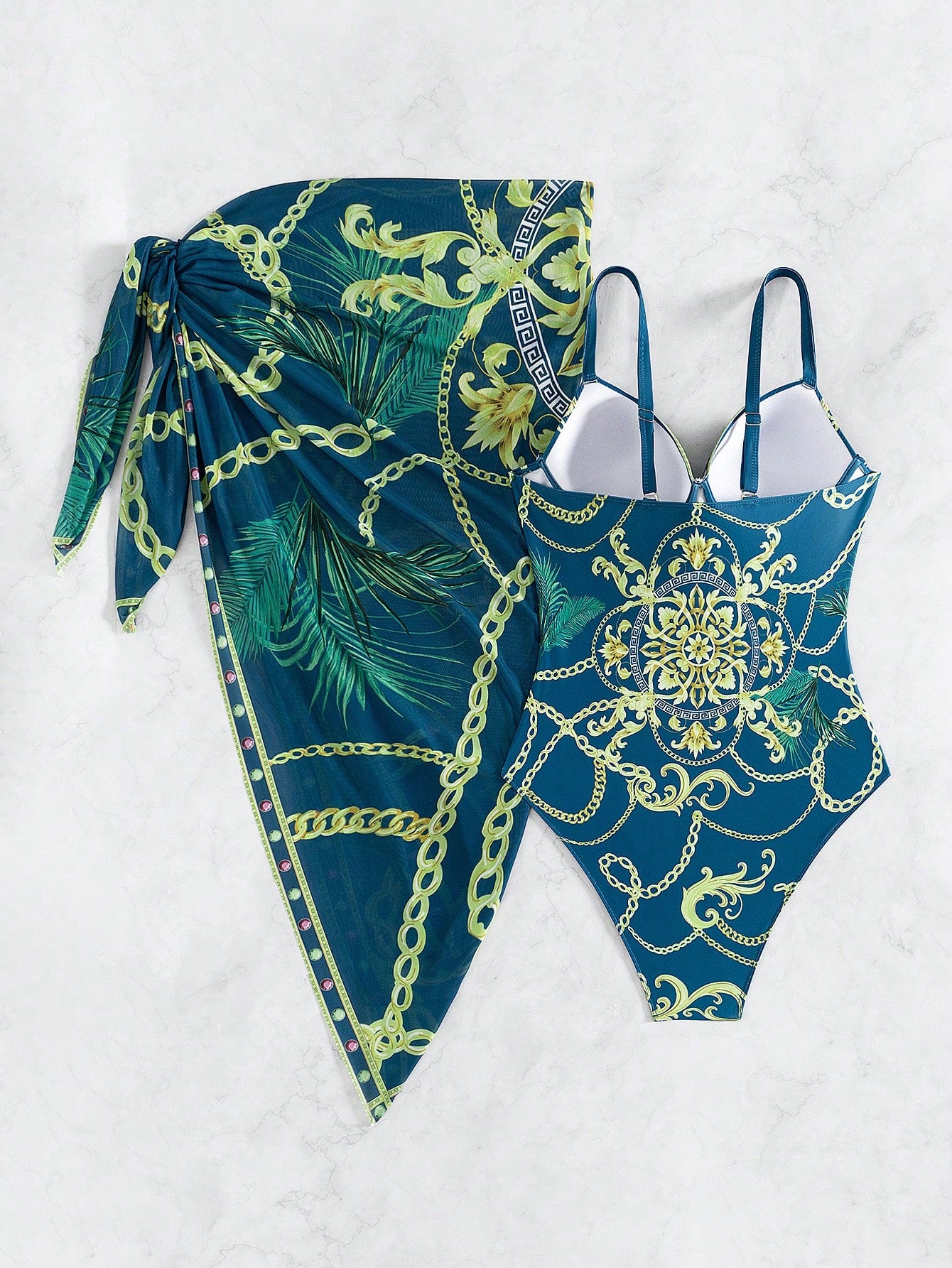 Conjunto Maiô Estruturado E Saída De Praia Estampada Luxo