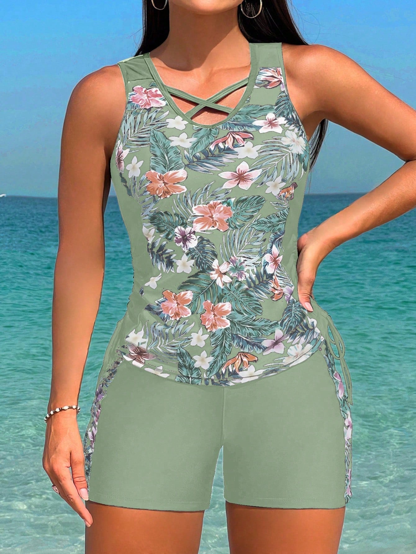 Tankini Com Estampa Tropical E Amarração Nas Laterais
