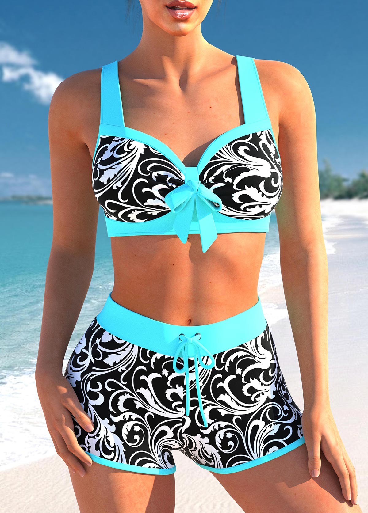 Conjunto Praia Estampado Com Top Laço E Short Confortável