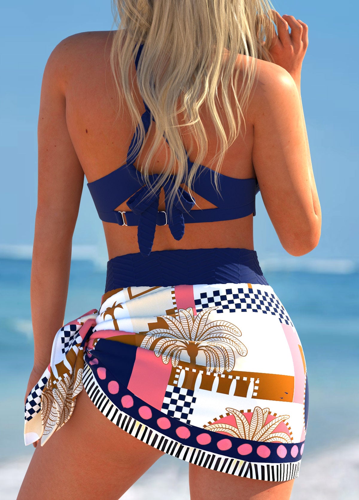 Conjunto Praia Com Amarração Frontal E Saia Sobreposta