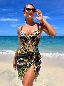 Conjunto Maiô Estruturado E Saída De Praia Estampada Luxo