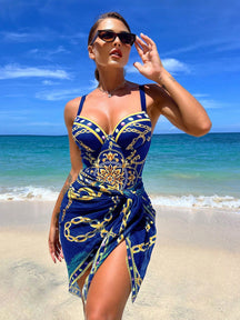 Conjunto Maiô Estruturado E Saída De Praia Estampada Luxo