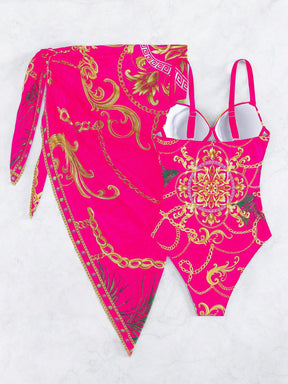 Conjunto Maiô Estruturado E Saída De Praia Estampada Luxo