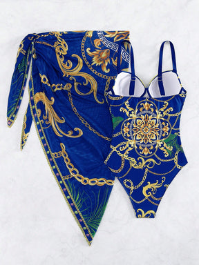 Conjunto Maiô Estruturado E Saída De Praia Estampada Luxo