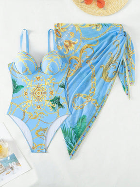 Conjunto Maiô Estruturado E Saída De Praia Estampada Luxo