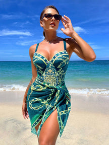 Conjunto Maiô Estruturado E Saída De Praia Estampada Luxo