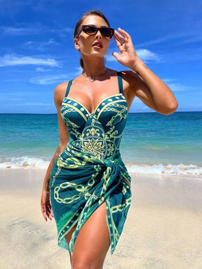 Conjunto Maiô Estruturado E Saída De Praia Estampada Luxo
