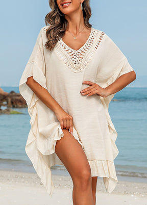 Saída de Praia Kaftan Com Decote Trabalhado e Fenda Lateral
