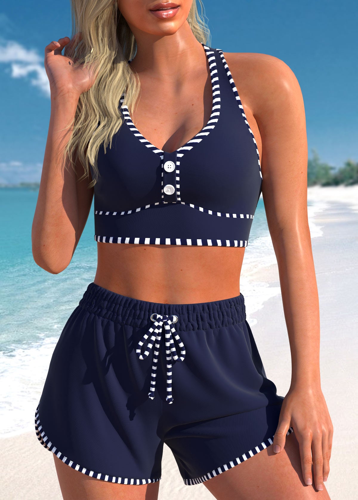 Conjunto Praia Com Top Botões E Short De Cintura Alta