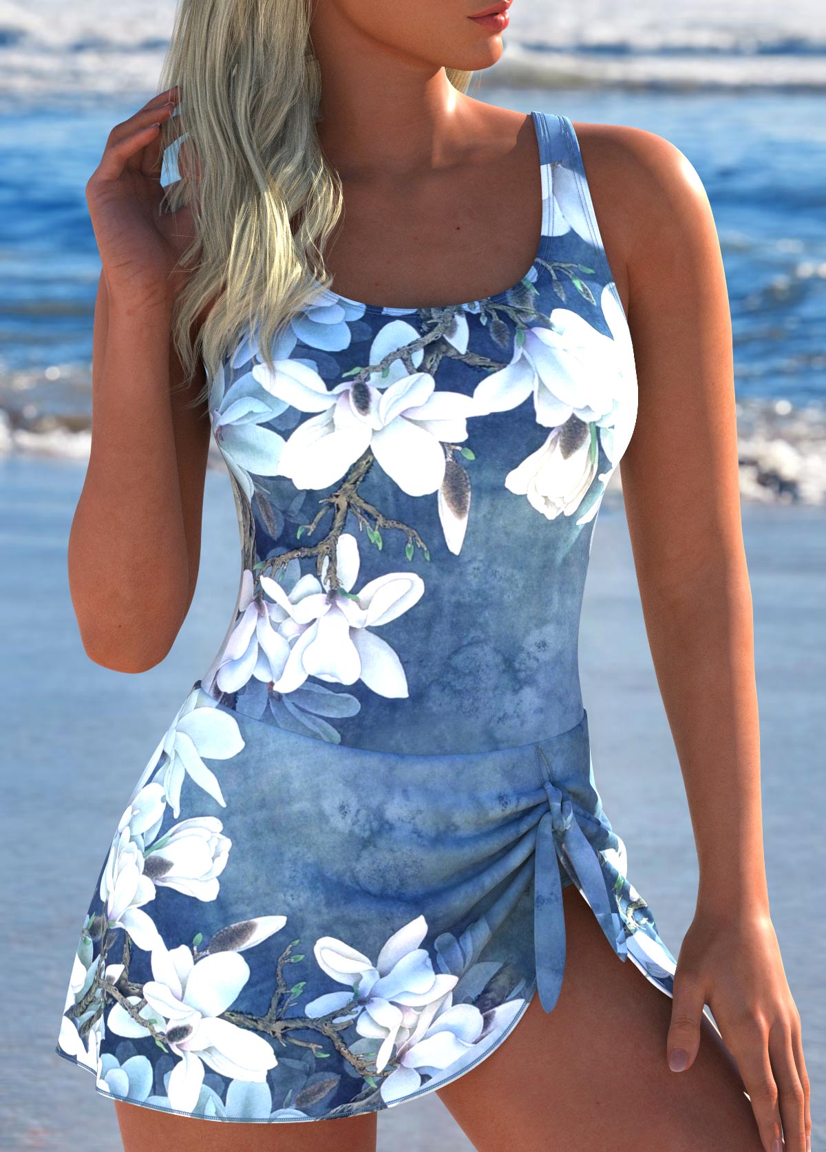 Maiô Estampado Floral Com Saia Assimétrica E Laço Lateral