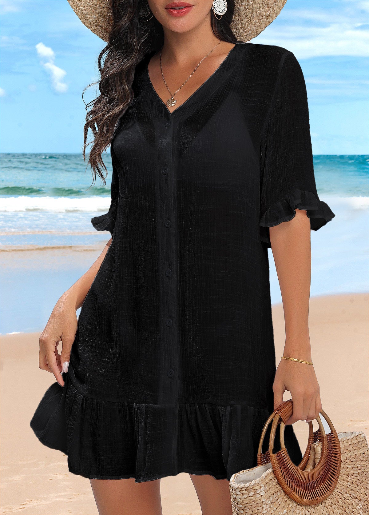 Saída de Praia Chemise Com Botões E Babado Na Barra