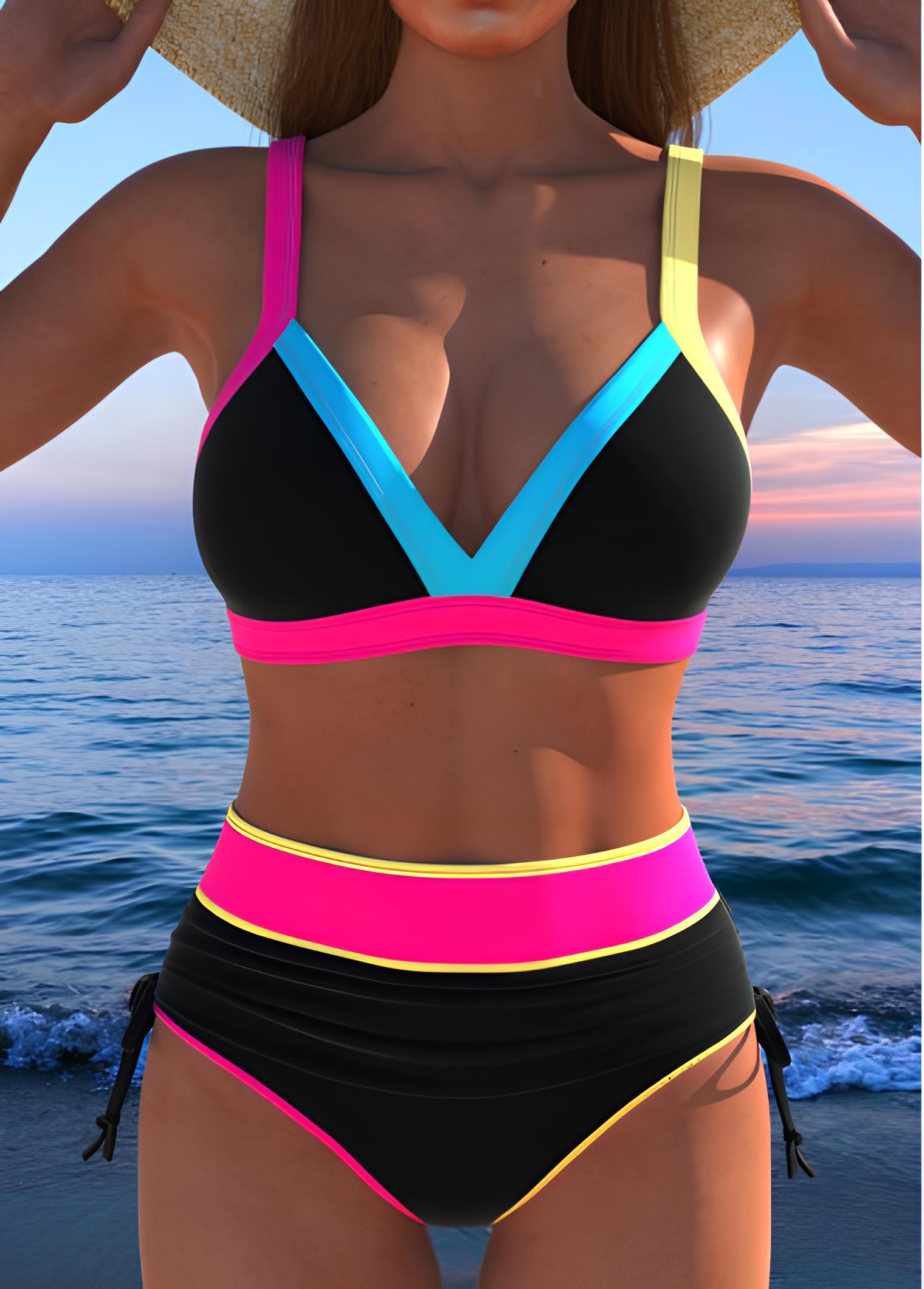 Biquíni Esportivo Cintura Alta Com Recortes Neon Contrastantes