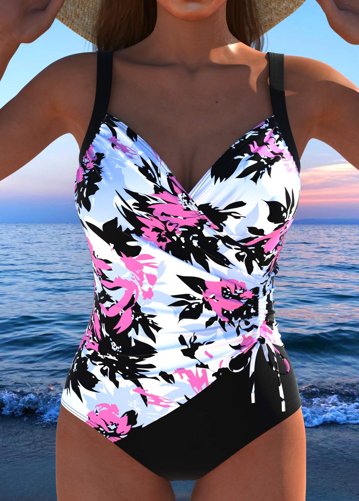 Maiô Estampado Floral Com Decote Transpassado E Laço Lateral