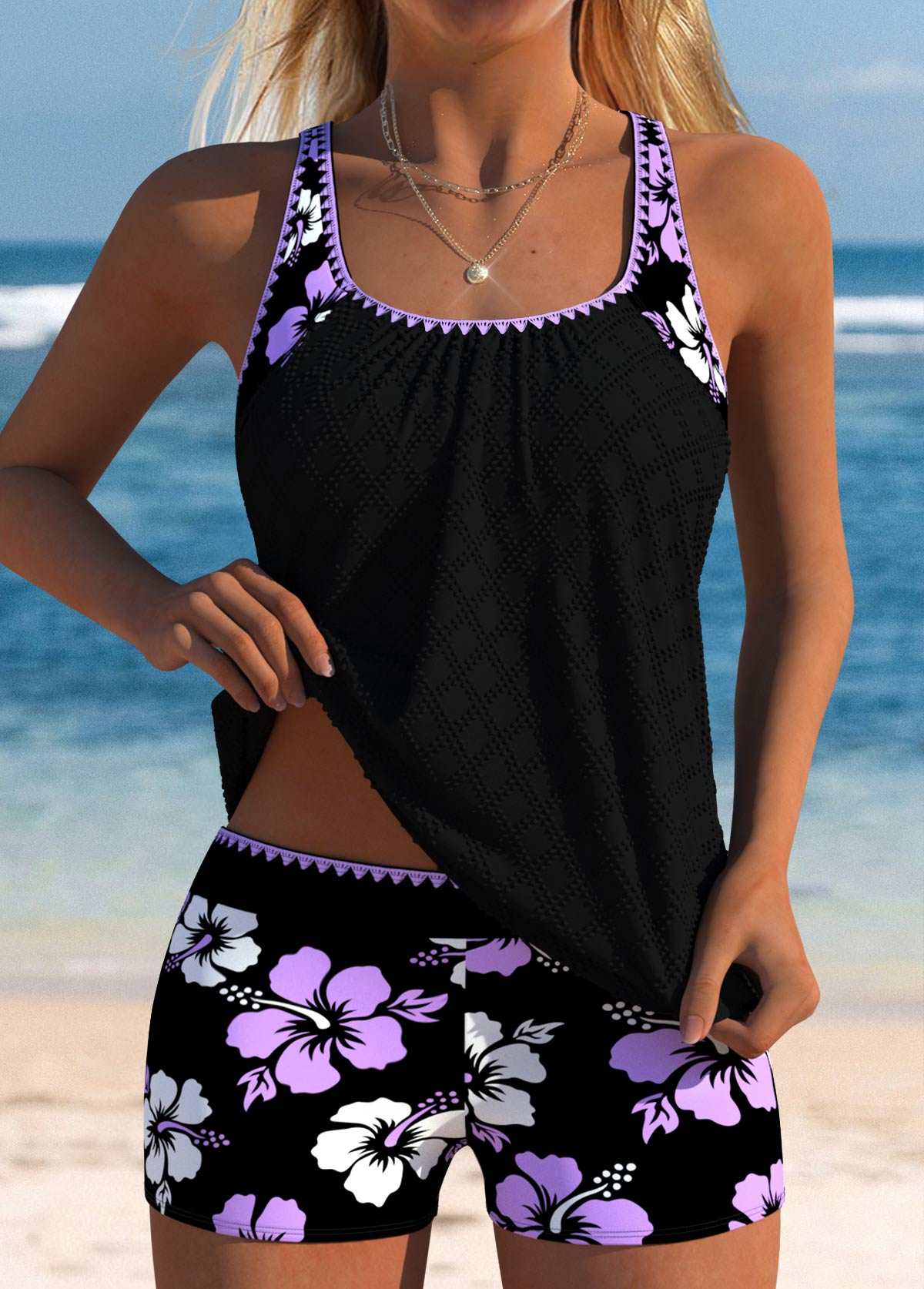 Tankíni Floral Com Decote Redondo E Short Com Elástico