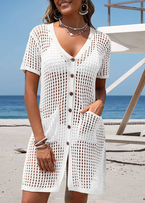 Saída de Praia Aberta em Tricot com Botões e Bolsos