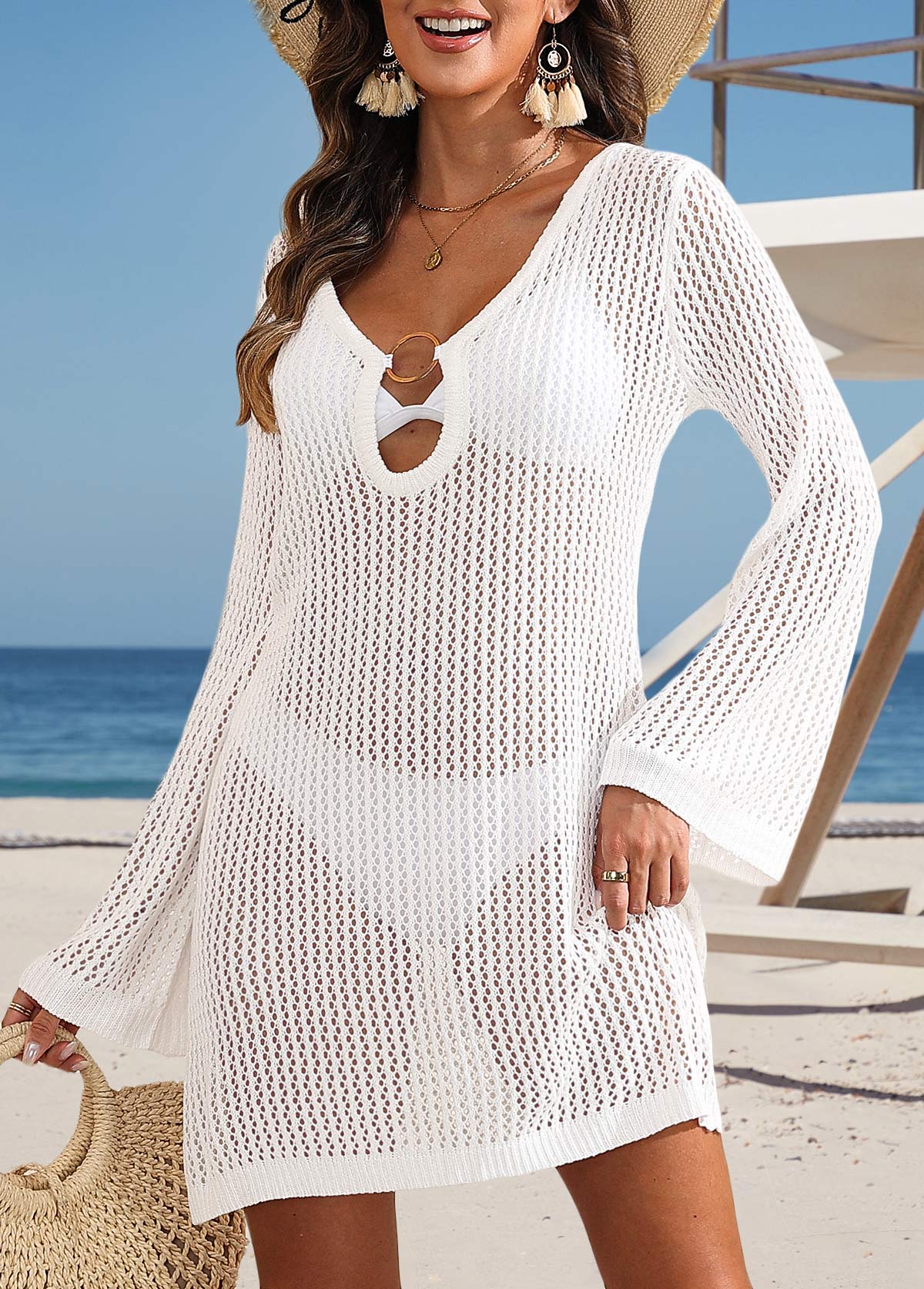 Saída de Praia Tricot Vazada Com Manga Longa Charmosa