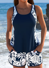 Tankíni Com Estampa Botânica E Short Com Bolsos