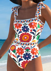 Maiô Estampado Floral Com Alças Largas E Laço Duplo