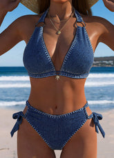 Biquíni Cintura Alta Estilo Jeans Com Argolas Laterais