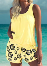 Tankíni Canelado Com Short Estampado Floral Tropical