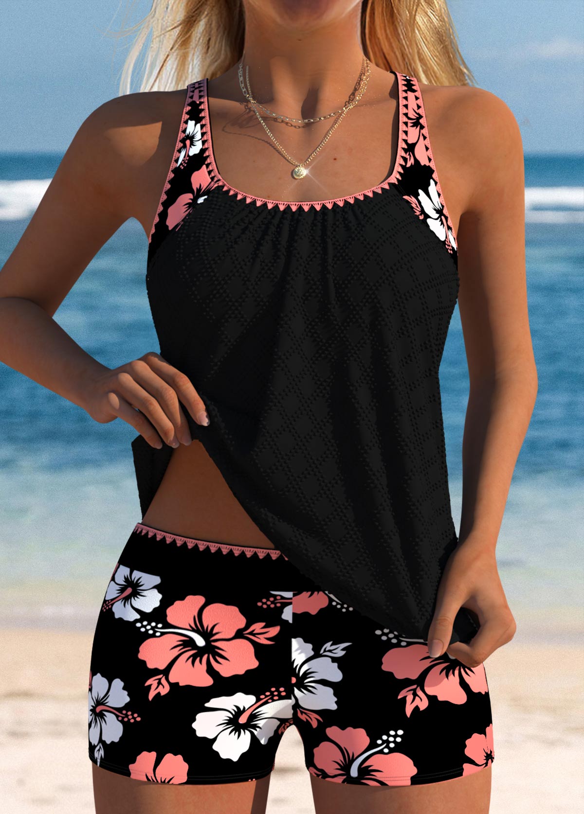 Tankíni Floral Com Decote Redondo E Short Com Elástico