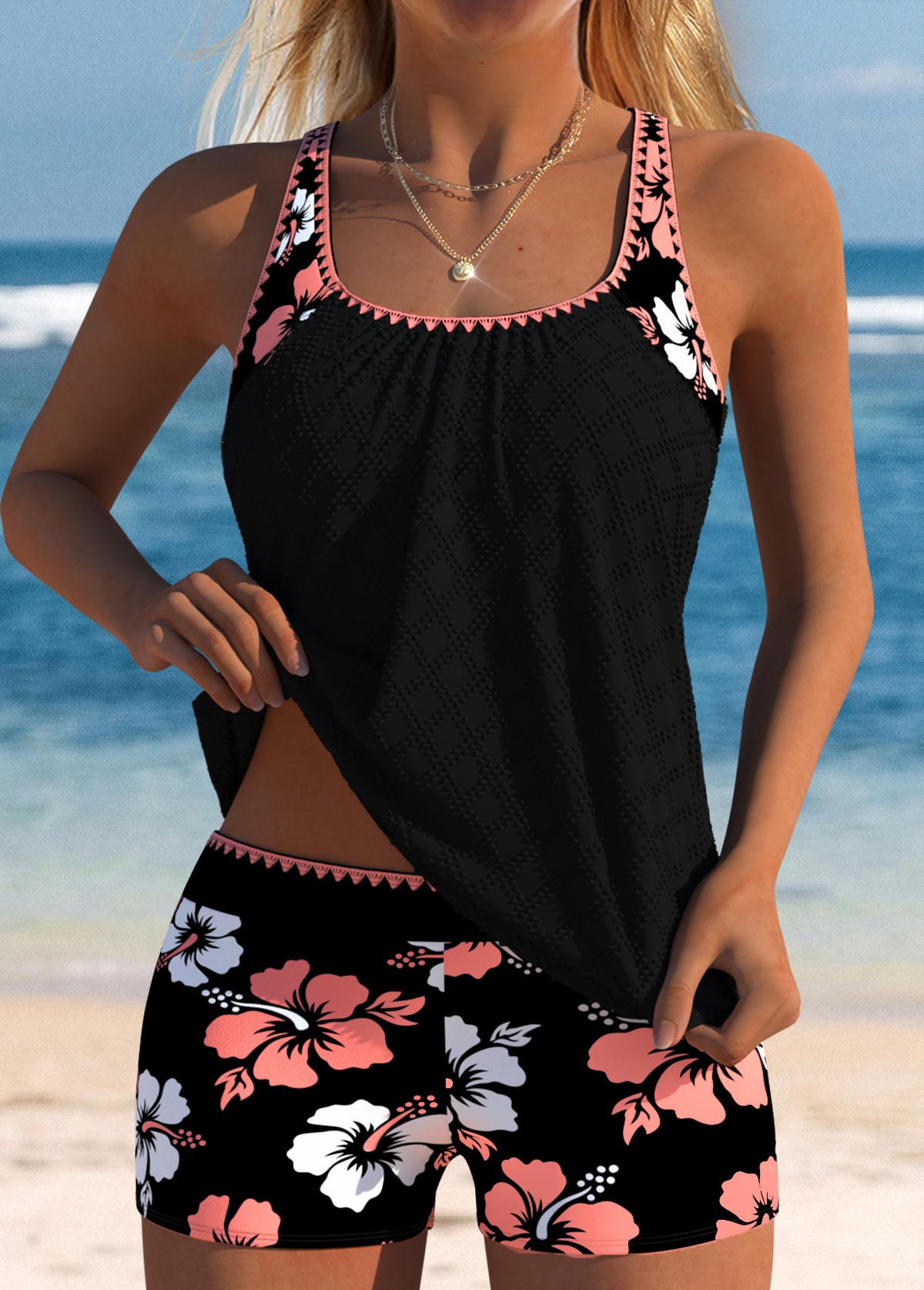Tankíni Floral Com Decote Redondo E Short Com Elástico